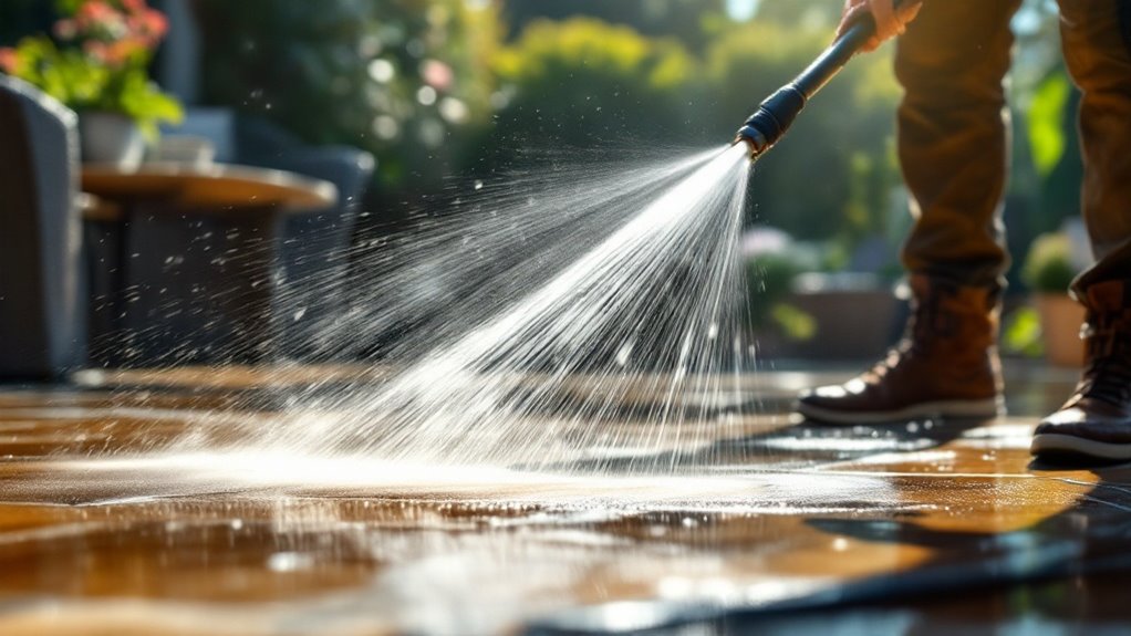 Pressure washing a patio.