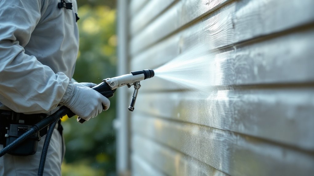 Cleaning a house exterior.